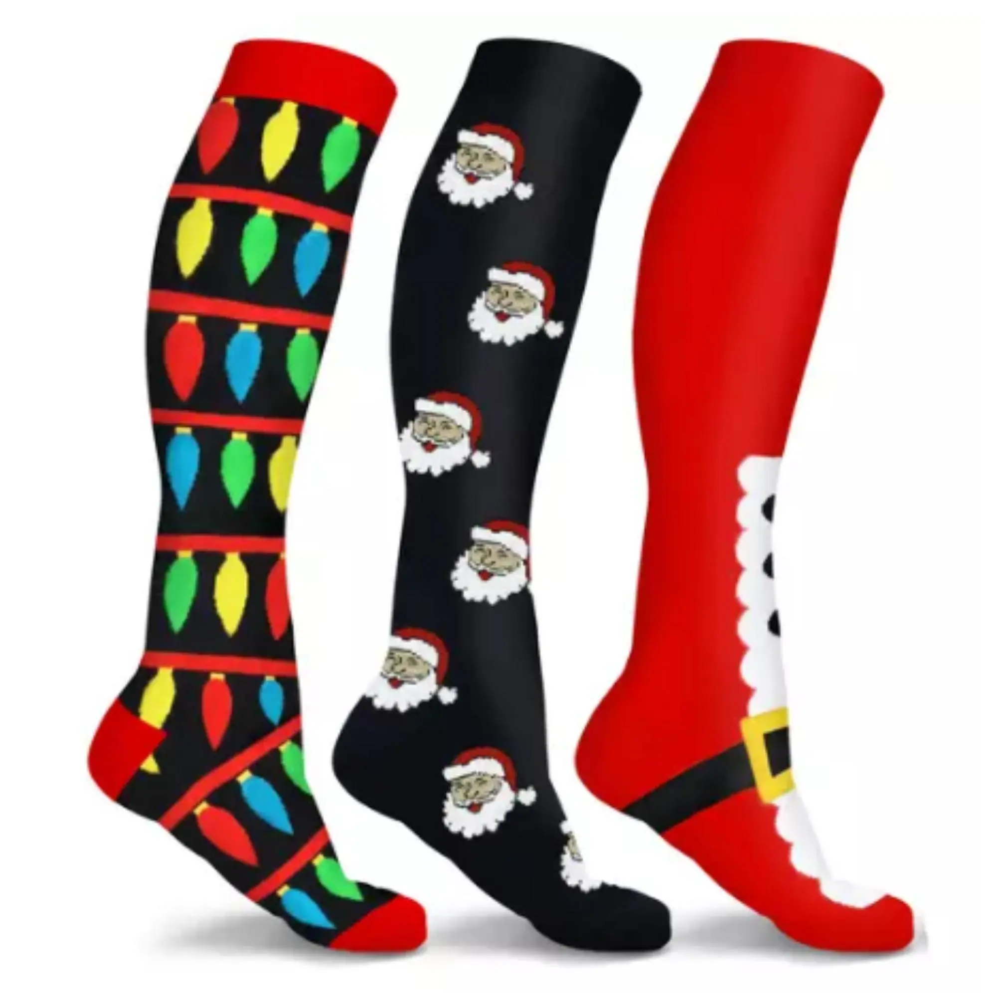 Women's Holiday Knee High Socks, 3-Pair Pack with Graphic Santa Prints, Soft Cotton Polyester Blend, Stretchy Winter Style, Christmas, Elastic, Snowman, Festive Cute, Holiday Theme, Machine Wash, Durable, Stocking, Fit, Comfortable, Festive Print, Cotton,