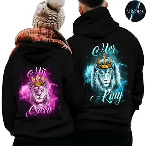 Lion Her King His Queen Couple Matching Hoodies, Graphic Hoodie Casual Fleece Fabric Pullover Hooded Sweatshirt for Women for Men, Couples Love Gift
