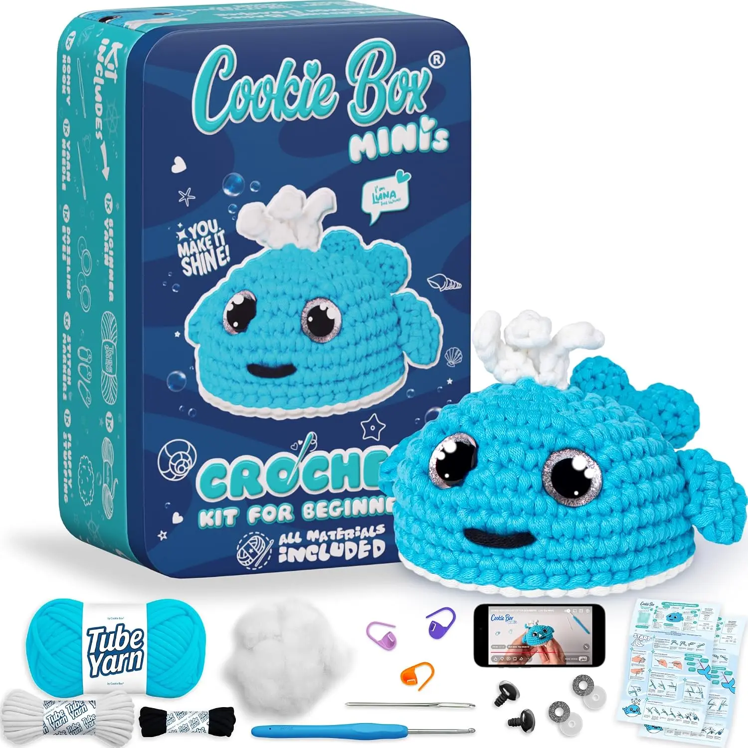 Cookie Box MINIs Crochet Kit for Beginners – Gift Set to Make Whale Luna Amigurumi Plushie – Easy DIY Crochet & Knitting Starter Kit with Printed Instructions & Step-by-Step Video Tutorial