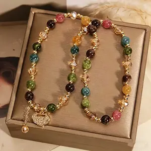 Premium Double-Strand Rainbow Tourmaline Beaded Bracelet,Wearing natural gemstones brings you energy and wealth.