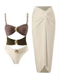 Women's Cut Out Ruched One-piece Swimsuit & Knot Side Cover Up Skirt Set, Solid Sleeveless Swim Top & Cover Up Skirt, Ladies Swimsuit for Beach Holiday Vacation, Swimsuit Cover Ups