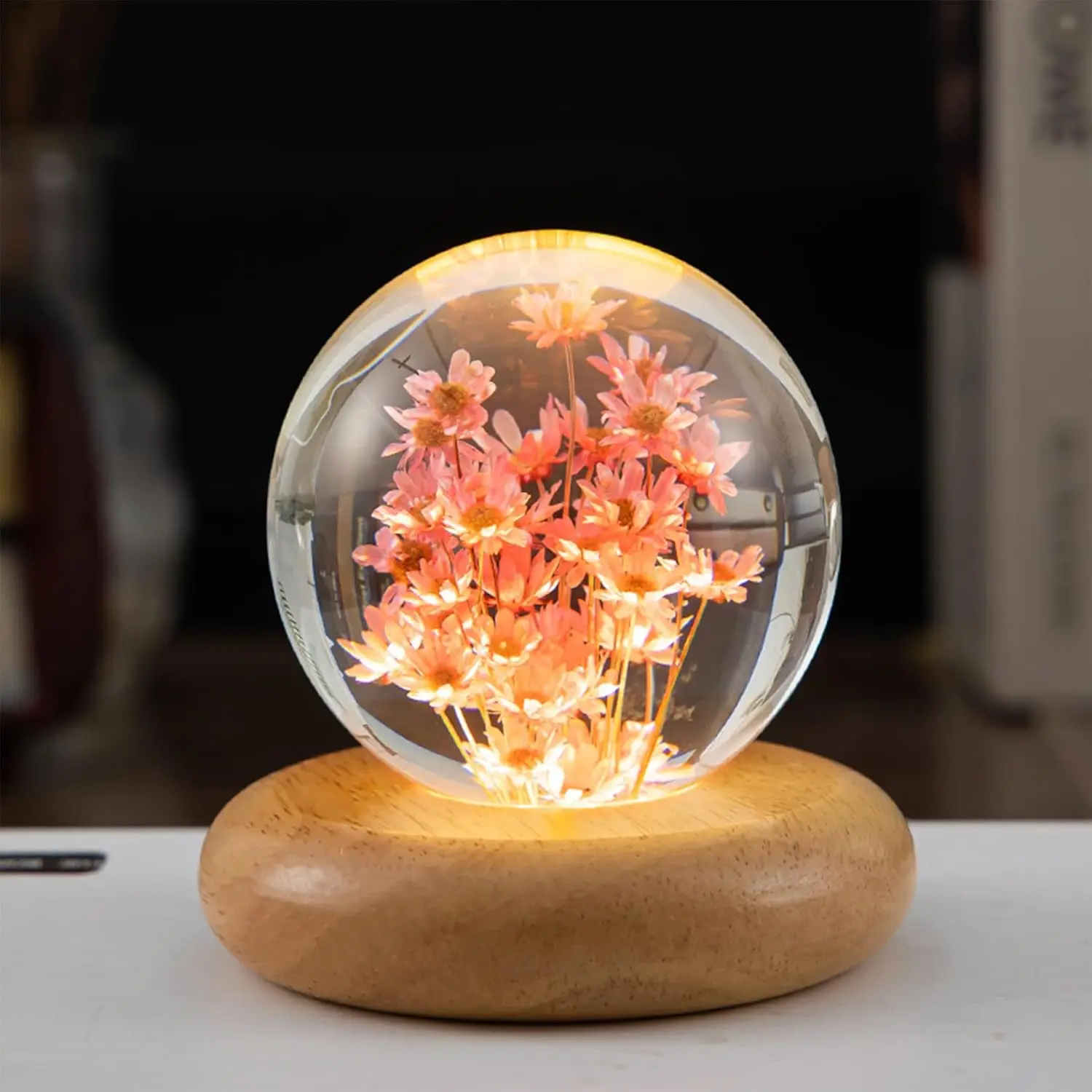 Birthday Gifts for Women, Daisy  Ball Night Light, 2.76 inch Glass Ball Lamp with Wooden Base,  Daisy Decor & Daisy Gifts for Mom(Red Daisy)