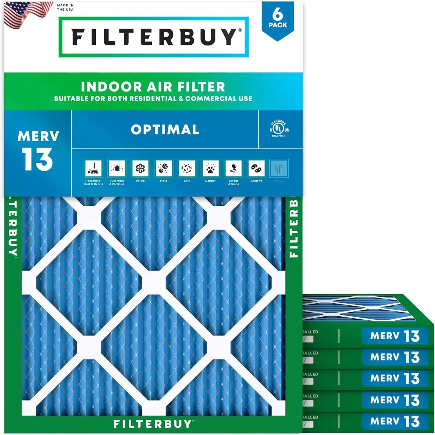 New Eco-Friendly Electrostatically Charged HVAC AC Furnace Air Filter Replacement (6-Pack) - 16.38x21.38x1 In, Pleated MERV 13 Optimal Defense, Endures Temperatures Up to 200°F, Withstands Moisture