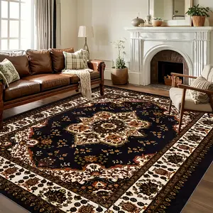 1 extra-large luxury floor mat, non-slip backing, machine washable - extra-large area mat suitable for living room, bedroom, and hallway - brown Persian Bohemian style mat, soft and fluffy texture, extra-large living room mat, vintage rug
