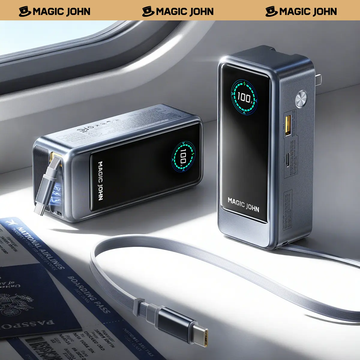 MAGIC JOHN Power Bank for Phones & Laptops, 15,000 mAh High-Capacity Portable Charger, USB-C Output, Built-in 2.3ft Retractable Cable, Airline-Approved, Compatible with iPhone 17/16 Series, MacBook, Samsung & More