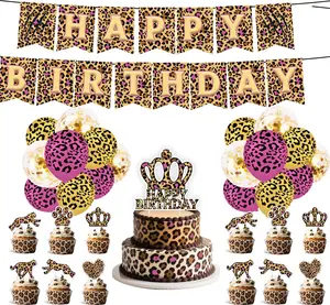 Cheetah Print Birthday Decorations, Leopard Print Party Decorations, Cheetah Print Party Decorations with Banner, Balloons, Cupcake Toppers, Cake Topper for Leopard Theme Party Supplies (Gold Pink)