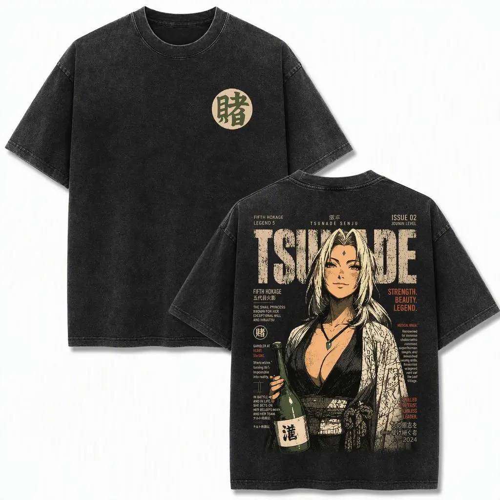 Tsunade Senju Vintage Washed Graphic Tee, Oversized Heavyweight Cotton Shirt for Men & Women, Fifth Hokage Double Sided Anime Streetwear, Retro Y2K Manga Top