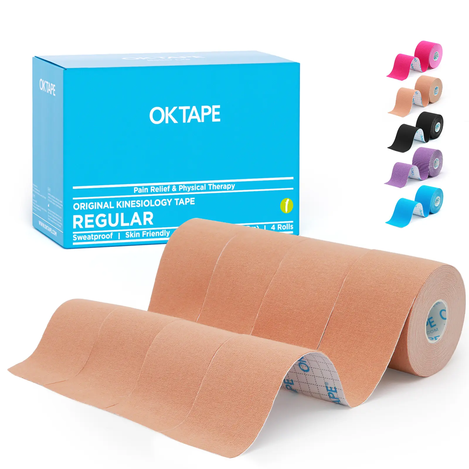 OKTAPE Regular Kinesiology Tape 4 Rolls, Original Cotton Athletic Tape, Latex Free, 2in×16.4ft Hypoallergenic for Support Muscle Joint Knee, Sports Waterproof Tape Uncut Strips