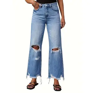 Classic Non-Stretch Slim Fit Wide-Leg Pants with Tassels, Washed Tie-Dye, Ripped High-Waist Retro Jeans, Straight-Leg Casual Long Pants, Women's Fashion, Women's Jeans, Women's Denim Long Pants Can be used with a raincoat