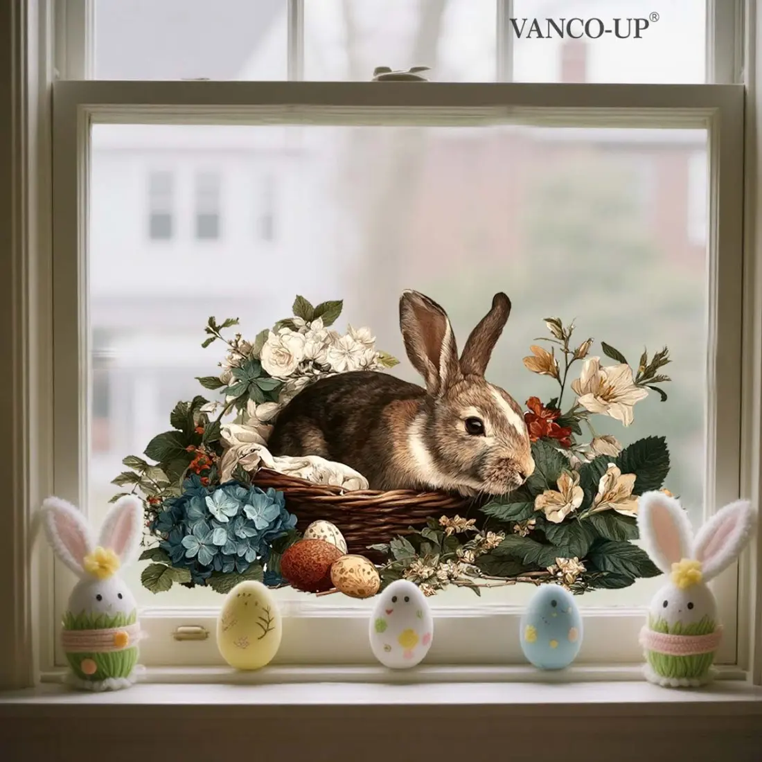 2D flat, one (30*60cm) Easter bunny egg flower flat window sticker static glass sticker for window holiday decoration D21011-KR