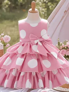 Girl's Polka Dot Print Bow Decor Tiered Layer Satin Fit and Flare Party Dress, Elegant Sleeveless Round Neck Zipper Back Round Neck Mesh Dress for Kids, Kids Clothes for All Seasons