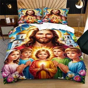 2/3 Pcs Jesus Christ & Children Digital Print Decorative Duvet Cover Set, Religious Bedding Set, Comfy Bed Sets, Soft & Breathable with Zipper Closure, Ideal for Bedroom, Altar, Guest Room, Thoughtful Gift for Christian Families & Faithful - No Filling