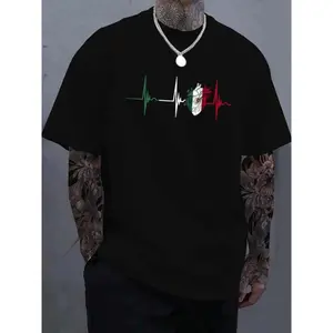 Mens Casual Heartbeat and Mexico Flag Print Round Neck T Shirt For Summer Daily Wear