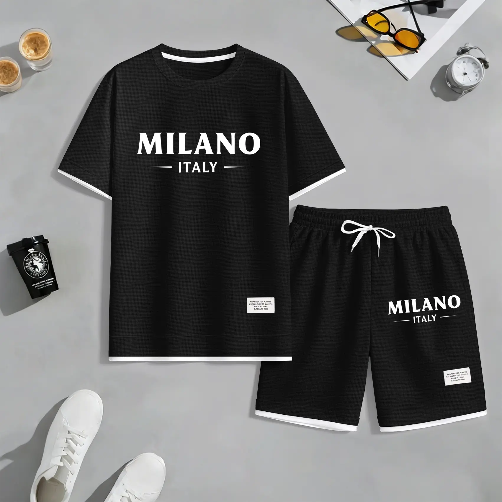 Men's Milan print drawstring shorts set for spring/summer, a casual summer outfit including a short-sleeved shirt and shorts, suitable for everyday wear and sports. A two-piece set for a relaxed and energetic lifestyle.
