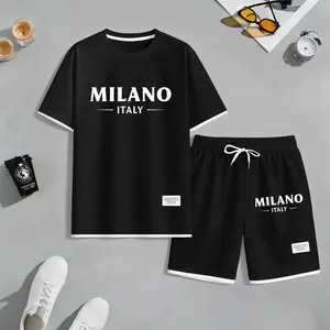 Men's Milan print drawstring shorts set for spring/summer, a casual summer outfit including a short-sleeved shirt and shorts, suitable for everyday wear and sports. A two-piece set for a relaxed and energetic lifestyle.