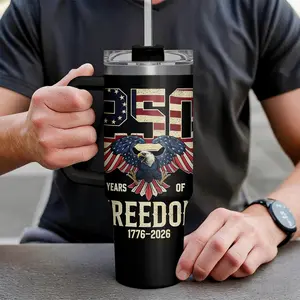 American Flag Tumbler with Handle, America 40oz Stainless Steel Insulated Coffee Mug with Lid & Straw, America Gifts for Men Women, USA Tumblers Cup, Flasks...