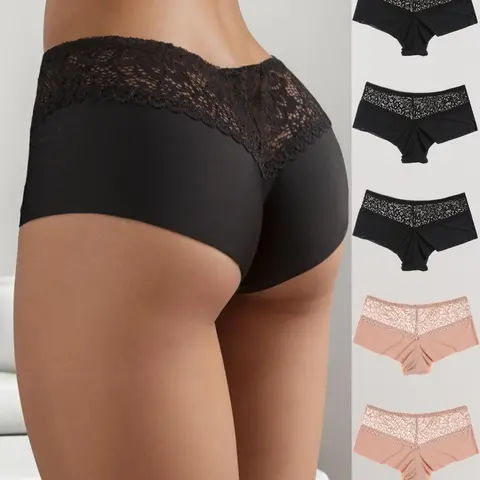 5-Piece Women's Solid Contrast Lace High-Waist Seamless Panties, Soft Smooth Breathable Stretchy Panties for Daily Wear, All-Season Underwear