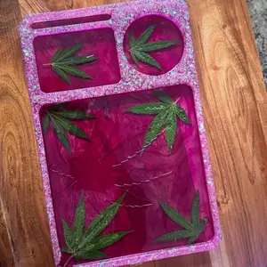 Pink Sparkle Gardening Tray with Swirl Pink Design and Preserved Leafs in Resin Hand Made Decorative Tray