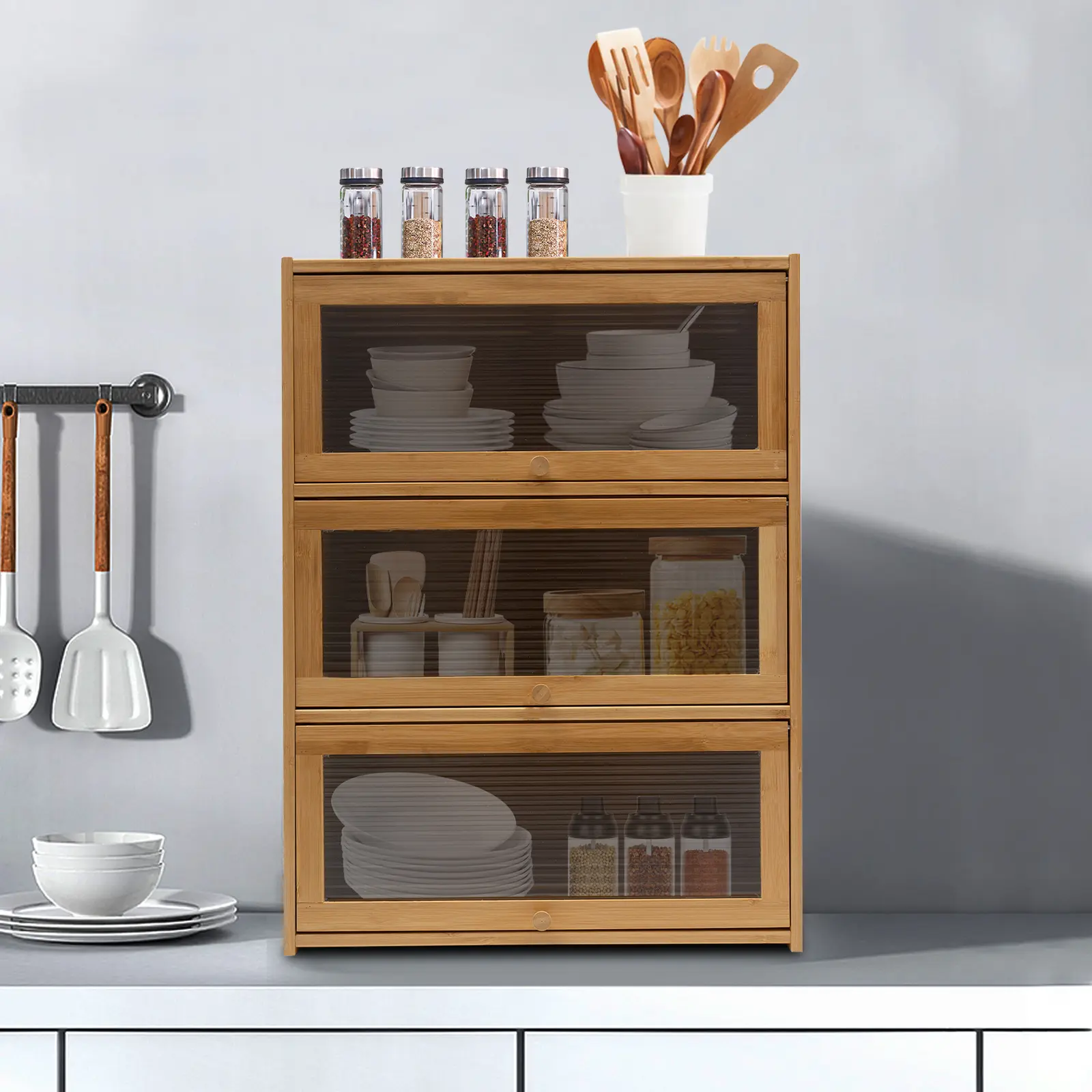 CNCEST 3-Tier Sturdy Bamboo Rectangle Storage Cabinet Furniture - Sealed Dustproof Indoor Cupboard with Acrylic Doors, 176 lbs Load-Bearing Capacity, Minimal Modern Compact Shelves for Kitchen Organization (Requires Assembly), Design