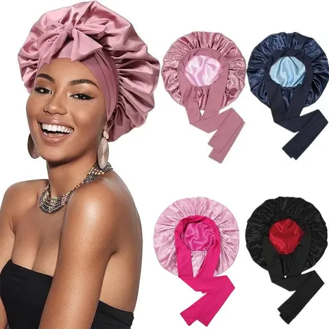 Women's Reversible Satin Bonnet - Double-Layer Polyester Silk-Like Cap with Elastic Tie Band, Heatless Haircare Accessory for Curly Hair, Frizz Control, Moisture Lock, Wigs, Braids, Crochet Hair, Casual Styling Gift