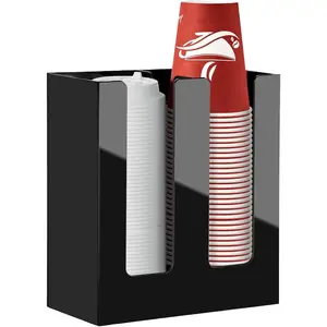 Coffee Cup Holder, Cup and Lid Organizer fits 5 to 16 oz Disposable Paper & Plastic Cups, Cup Dispenser Countertop, Acrylic Cup Storage for Home, Kitchen, Office (2 Compartment)