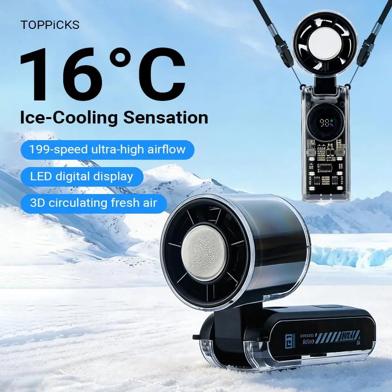 Qawtor 5-in-1 Portable Cooling Handheld Turbo Fan Mobile Air Conditioner – 130,000 RPM High Speed, 5000mAh Rechargeable Battery, 199-Level Stepless Control  Digital Display, 5-in-1 Handheld/Neck/Desktop Cooling Fan for Travel, Dorm & Office Refrigeration