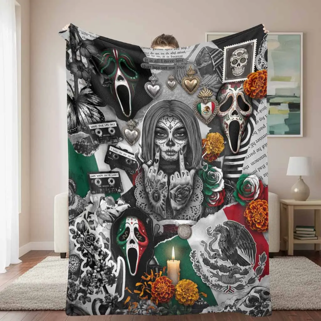 Sugar Skull Mexican Art Flannel Blanket, Cultural Motif Floral Pattern, Anti-Pill Flannel Fabric Super Soft Lightweight Plush Throw, Home Items for Couch Bed Living Room Decor, Day of the Dead Aesthetic Birthday Gift, Home/Couch
