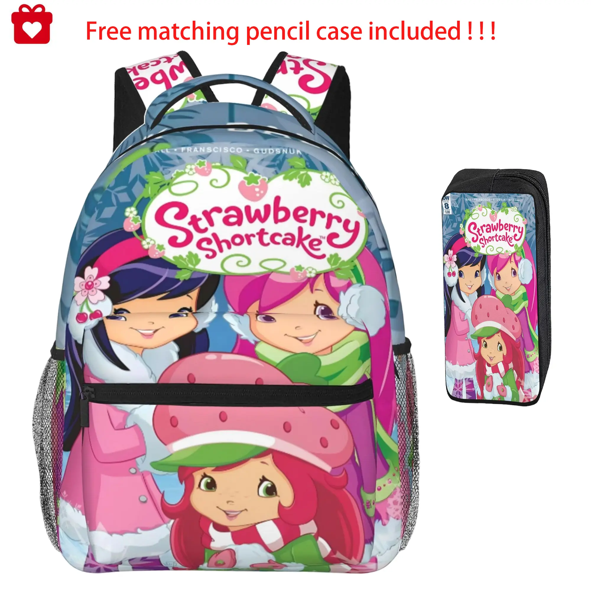 Cute Strawberry Girl Print Backpack Set with Pencil Case & Insulated Lunch Pack, Unisex Polyester Daypack for Adults & Teens, Lightweight for School & Travel, Fits 17 Inch Laptop, Lunchbox, Durable Lunch Bag, Insulated Pack