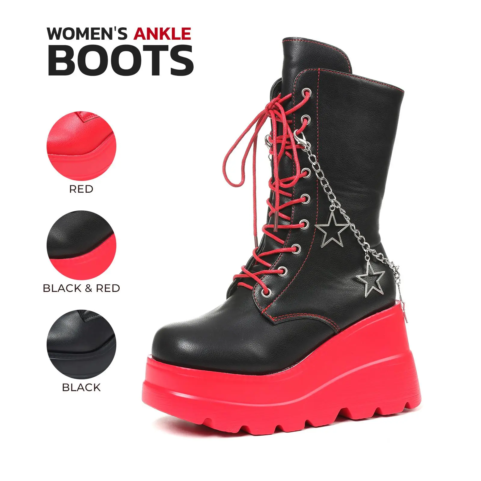 Women Ankle Boots Platform Goth Mismatched Combat Boots Chunky Wedge High Heel Side Zipper Lace Up Star Chain Rave Punk Alt Motorcycle Concert Starry Sky Fashion Trendy Fashion Booties