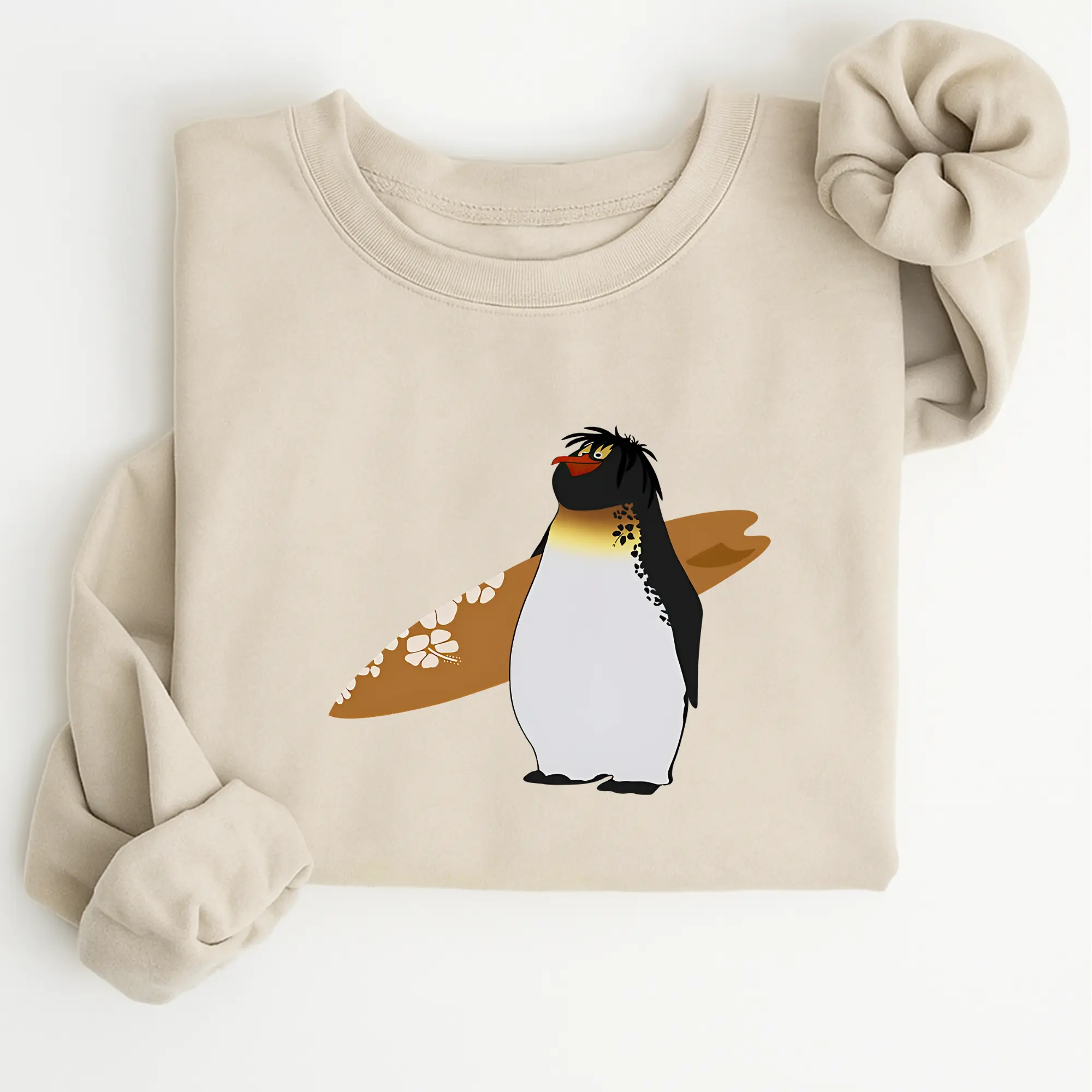 Funny Penguin Surfing Sweatshirt, Cute Surf Penguin Graphic Crewneck, Beach Animal Cartoon Sweatshirt, Cozy Grey Unisex Pullover, Surf Lover Gift, Casual Streetwear Top
