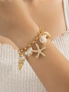Boho Beach Vacation Style Bracelet, Elegant Small Luxury Shell Starfish Pearl Fringe Wristband, Perfect for Sand and Island Getaways