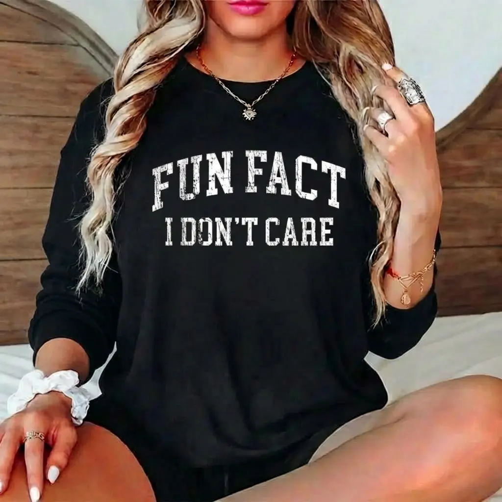 Fun Fact I Don't Care Funny Sweatshirt, Sarcastic Sweatshirt, Women's Crew Neck, Crewneck Women's Sweatshirt Casual Print Long Sleeve Round Neck Pullover for Daily Wear, Ladies Clothing Fall & Winter Fashion Unisex Sweatshirts Womenswear Breathable