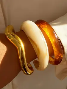3pcs Set Vintage Ombre Resin Bracelets, Stackable Ccb Wave Bangles, Minimalist High-End Jewelry for Women, Perfect for Parties and Dates