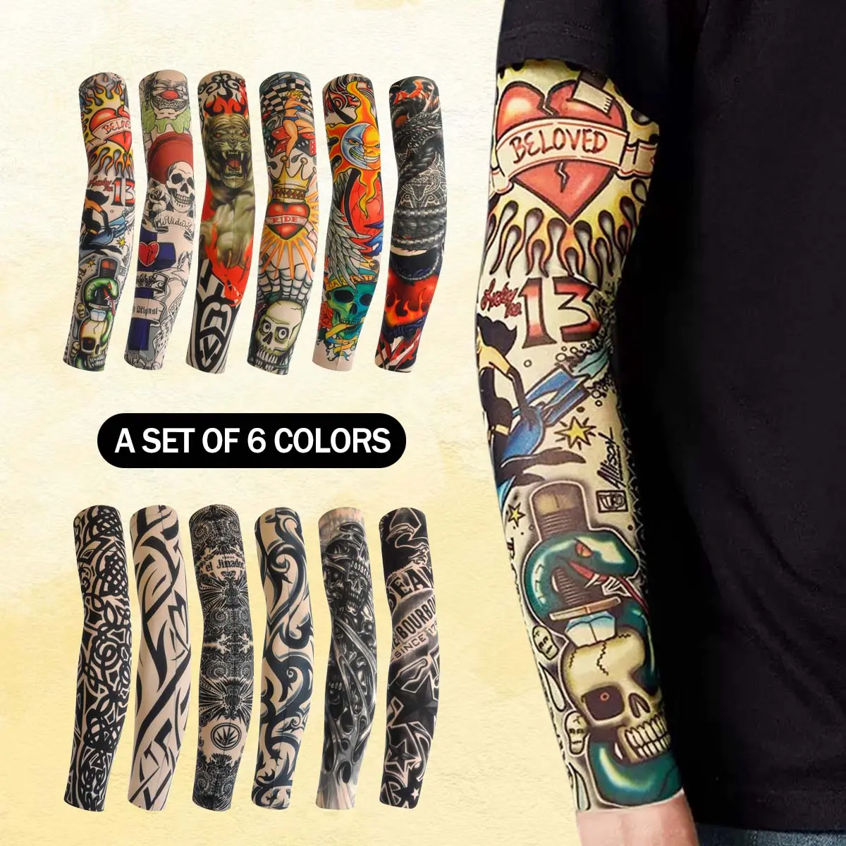 12PCS Cooling Tattoo Art Arm Sleeves Cover UV Sun Protection Sport Outdoor Activities Set for Men Women, Stretchy & Breathable Fabric Sleeved Pack Cycling