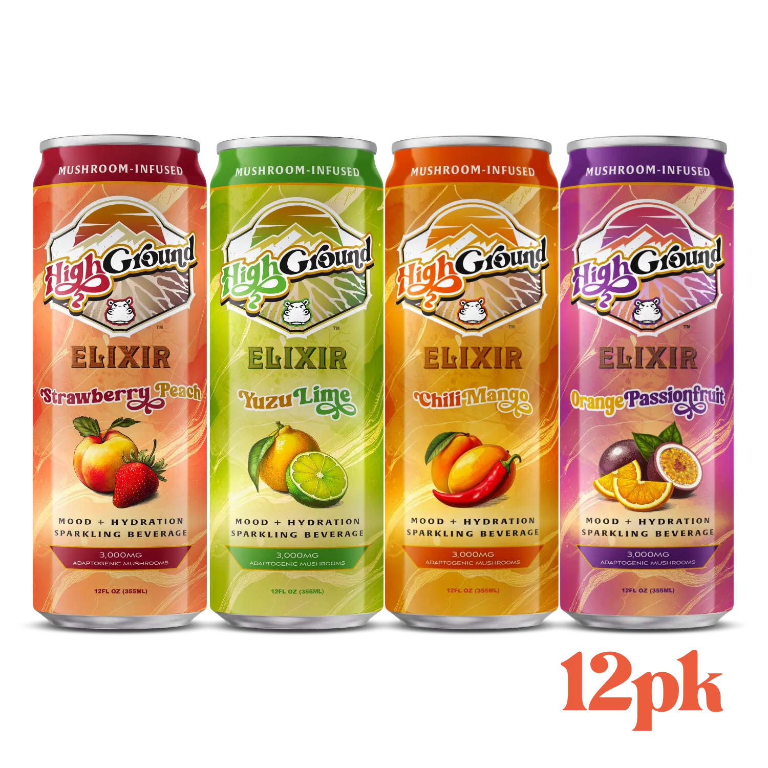 High Ground Elixir Mushroom Beverage Mood + Hydration Sparkling Drink Variety 12 Pack - Strawberry Peach Yuzu Lime Chili Mango Orange Passionfruit Seltzer Organic Natural
