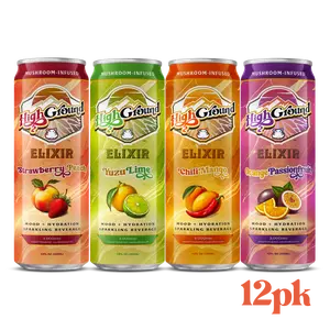 High Ground Elixir Mushroom Beverage Mood + Hydration Sparkling Drink Variety 12 Pack - Strawberry Peach Yuzu Lime Chili Mango Orange Passionfruit Seltzer Organic Natural