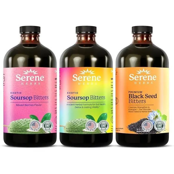 🔥 BEST SELLER!  Serene Herbs Soursop Bitters Liquid & Black Seed Bundle – Organic Herbal Guanabana for Digestive Support & Immune Health – Vegan, Non-GMO – 32 oz (16 oz Each), (3 Pack)