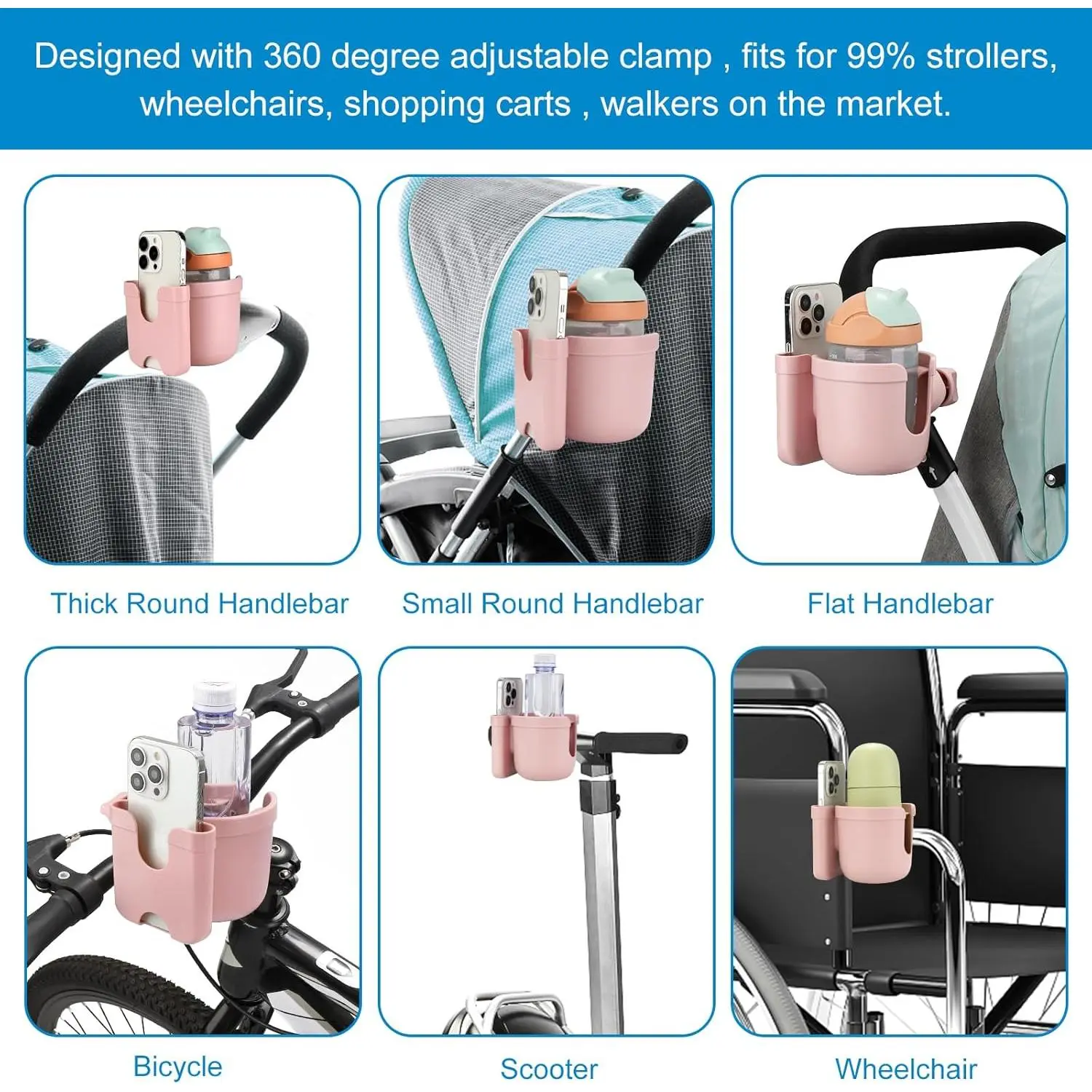 Stroller Cup Holder with Phone Holder, Bike Cup Holder, Universal Cup Holder for Uppababy Nuna Doona Strollers, 2-in-1 Cup Phone Holder for Stroller Bike Wheelchair Walker Accessory Stroller Cup Holder with Phone Holder, Bike Cup Holder, Universal Cup Holder for Uppababy Nuna Doona Strollers, 2-in-1 Cup Phone Holder for Stroller Bike Wheelchair Walker Accessory