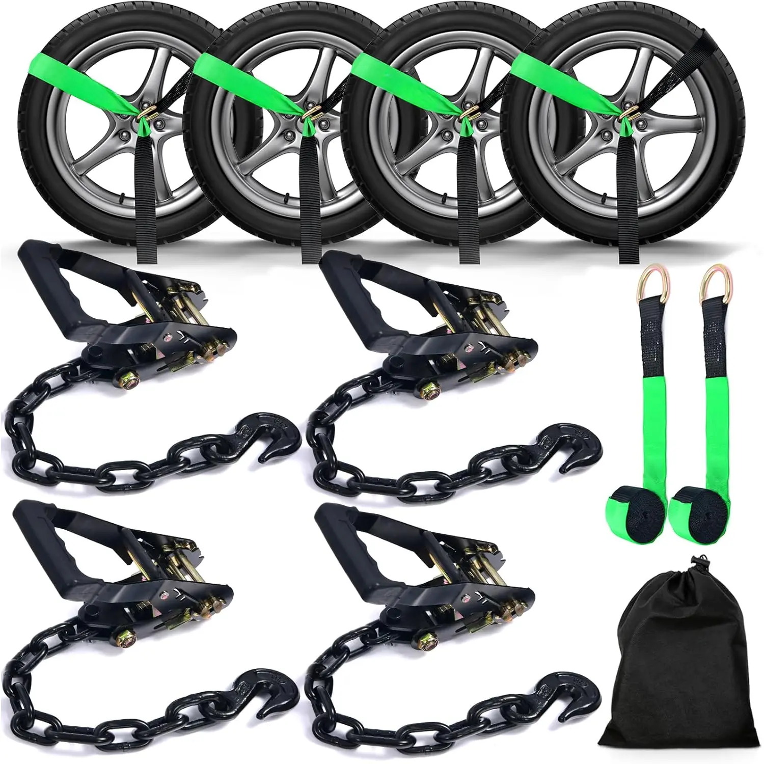 Polyester ATV/SUV Tie Down Straps, 6-Pack 96-Inch Flatbed Tire Straps (2 for Replacement), Includes Ratchets with Chain Anchors, 10000lb Break Strength, 3333lbs Working Load