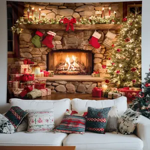 1pc Christmas tapestry, vintage stone wall fireplace, Christmas tree, Christmas socks, Christmas gifts, 2D flat printed tapestry, Wall Hanging Tapestry, Christmas and New Year photography background banner poster decoration, holiday decoration tapestry