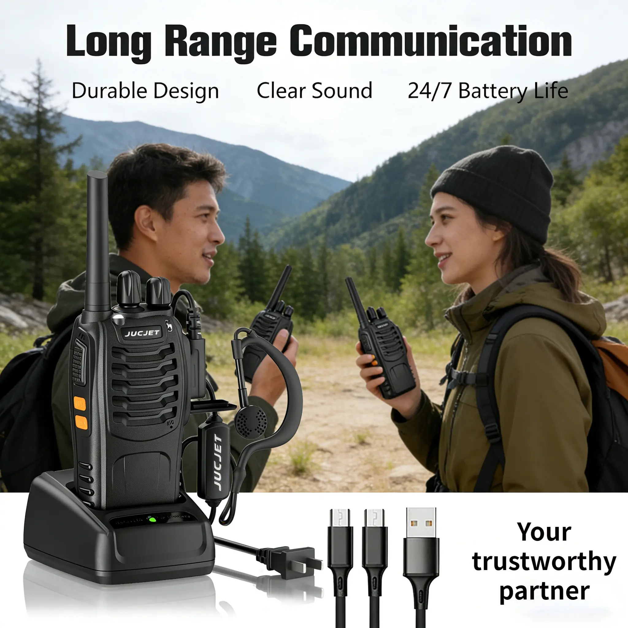 JUCJET Handheld Walkie-Talkie Set - 16-Channel 2-Way Radios with USB Charging Station, 2-in-1 Cable, Original Earpieces, Rechargeable Batteries, Audio Speaker, Plug, Buttons, Distinct Sound - Durable Security Remote Device for Camping, Outdoor Work