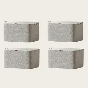 4 Pack Foldable Fabric Storage Bins with Lid Stackable Closet Organizers for Under Bed Wardrobe Moving Space Saving Rectangular Large Capacity Beige High Capacity Storage