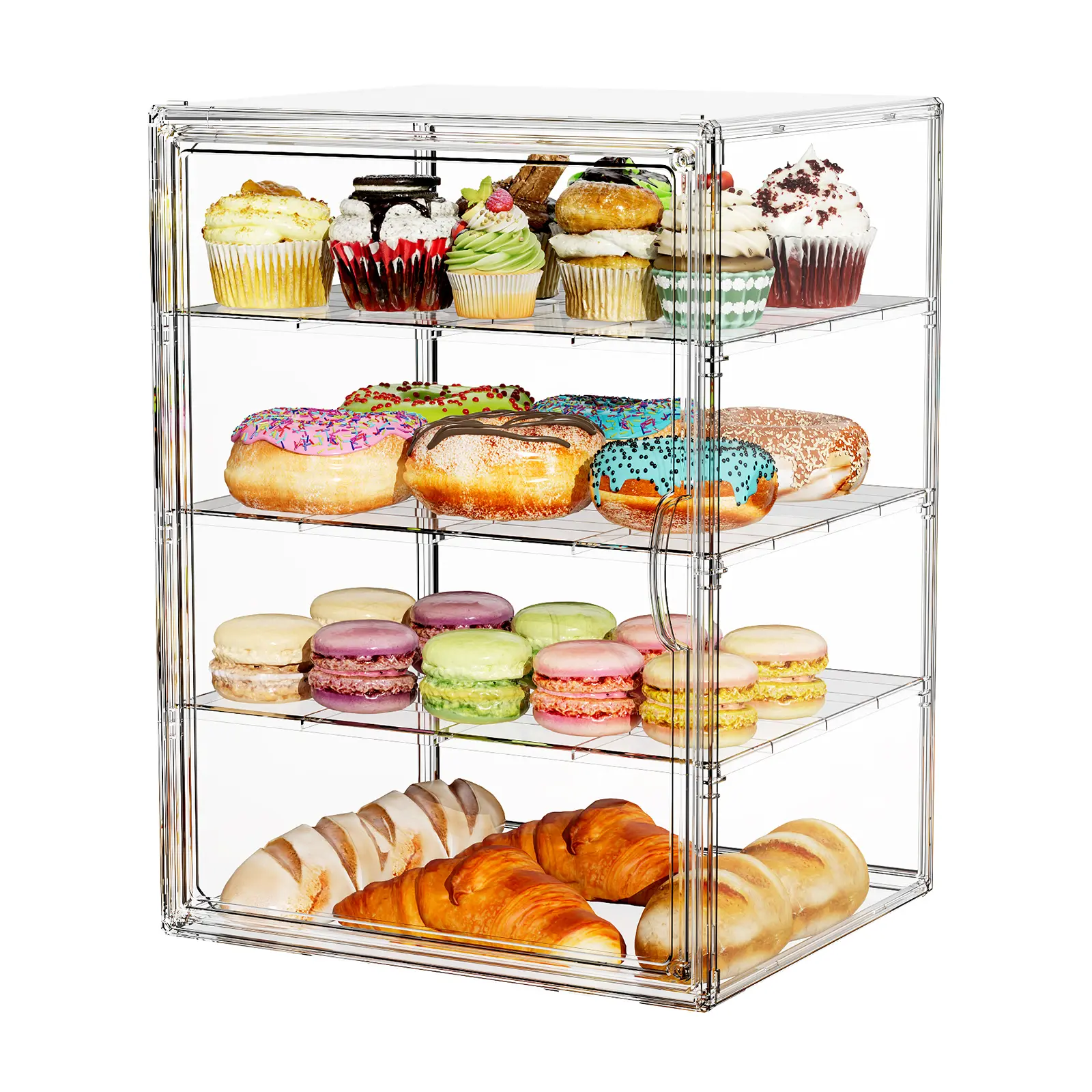 3-Tier Acrylic Pastry Display Case with Lid - Bread Storage Bin, Dry Food Storage Container, Multipurpose Food Organizer, Counter Display for Cupcakes, Cookies, Donuts on Kitchen Countertop or Coffee Bar (Transparent Front Access Doors)