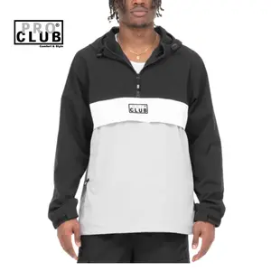 PROCLUB Men's Nylon Hooded Pullover Anorak Jacket - Winter Fitted Medium Length Long Sleeve Minimalist Sports Modern Style with Zippered Pockets