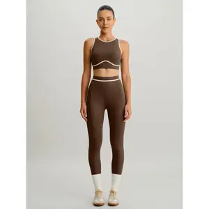 BERLOOK Women's High Elastic Activewear Leggings - Eco-Friendly Recycled Spandex-Nylon Fabric, Coffee Line Design, 26" Inseam, Athleisure Bottoms, High Stretch Bottoms