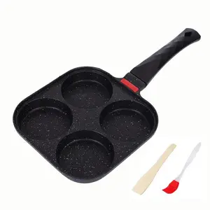 Foorey Home 4 Egg Frying Pan Gas Only Breakfast Omelette Skillet Non-Stick Fried Egg Pan Pancake Pan with 1 Spatula & 1 Brush Black Cookware