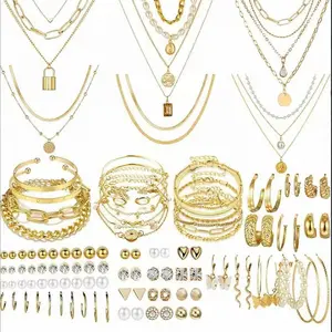 108 Pieces Gold Jewelry Set for Women Fashion Costume Jewelry Gold Plated Necklace Bracelet Ring Earrings Set for Women