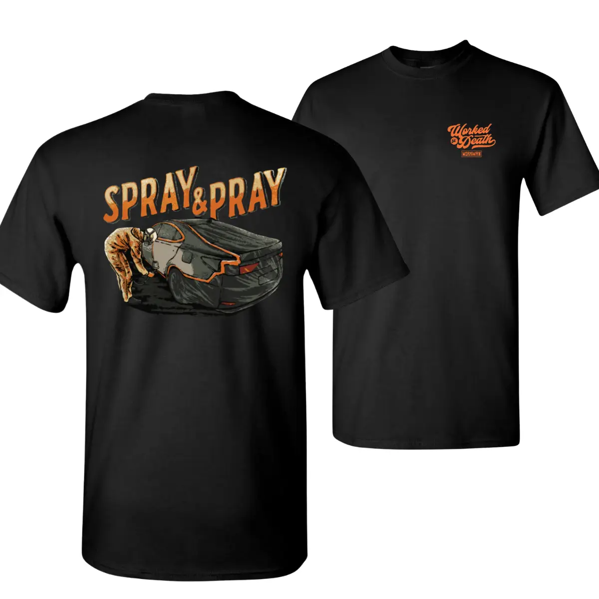 Spray and Pray T-Shirt, Funny Auto Painter Graphic Tee for Car Detailers and Body Shop Workers, Black Cotton Shirt with Bold Workwear Vibe