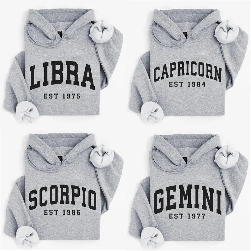 (LEAVE A NOTE or DM SHOP) Custom Zodiac Hoodie with Est Year - Sport Grey, Cute Horoscope Astrology Graphic Hoodie, Unisex Crewneck Hoodie, Personalized Zodiac Energy Gift for Birthday, Star Sign Lovers, Celestial Hoodie - AL