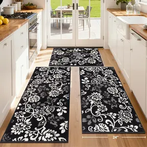 Boho Kitchen Rugs Sets of 3, Non Slip High-Low Textured Kitchen Mats for Floor with Rubber Backing, Paisley Floral Washable Carpet Runner for Hallways Entryway Laundry Sink (Black & White)
